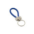 A blue braided keyring tag with a silver metal feature and a logo on the front.