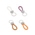 A set of four metal keyring tags featuring leather loops in cream, purple, orange, and brown colours.