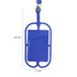 A blue phone holder with a silicone lanyard, featuring a secure attachment clip and a sleek design.