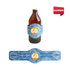 A drink bottle with a custom shape slap stubby holder featuring a blue ocean design and a logo.