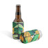 A drink bottle holder in vibrant green and yellow tropical patterns, featuring a logo, designed for cans and bottles.