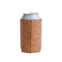 A cork stubby holder in a natural colour, holding a can. The holder features stitching and has a logo.