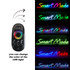 A remote control with a circular colour wheel and buttons next to colourful neon LED text. It includes a logo.