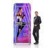 A promotional banner stand featuring a model in athletic wear, with a vibrant purple background and a logo at the top.