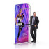 A banner stand display featuring a model in sportswear with a vibrant purple background and a logo on the stand.