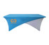 A blue and white stretch tablecloth for a 6ft table, featuring a logo.