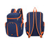 A navy blue backpack with orange accents and multiple pockets, featuring padded shoulder straps and a top handle.