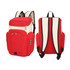 A red and cream basketball backpack with multiple compartments and adjustable straps. It features a logo.