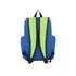 A blue and green backpack featuring padded straps and a logo, designed for carrying sports equipment.
