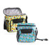 A colourful cooler bag with a strap, featuring floral patterns in blue and yellow, with zippered pockets.