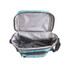 A cooler bag with a colourful exterior featuring patterns, equipped with a strap and a silver-lined interior.
