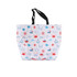 A polyester cooler tote bag featuring a nautical design with red, blue, and white elements. It has black handles and a logo.
