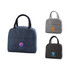 A cooler lunch bag in navy blue, grey, and black, each featuring different logos. The bags have sturdy handles.