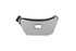 A grey eco waist bag with a zip closure and a rectangular logo patch on the front.