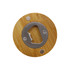 A round bamboo bottle opener with a stainless steel opening mechanism and two mounting screws.