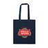 A navy blue tote bag with a decorative logo on the front and two sturdy handles.