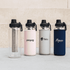 A drink bottle set featuring a clear bottle and three coloured bottles in pink, grey, and navy with branded designs.