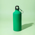 A drink bottle in vibrant green with a black cap and keyring attachment, set against a light green background.