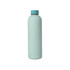 A drink bottle with a turquoise body and matching cap, featuring a logo on the side.