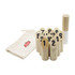 A set of wooden skittles with numbers, featuring a drawstring bag for storage. The skittles are natural wood colour.