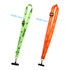 Two adjustable woven phone lanyards are displayed: one in bright green and the other in vibrant orange, both with logos.