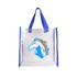 A clear tote bag with blue handles and an emblem featuring a horse in blue and orange.