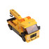A yellow building block toy truck with a crane and safety markings, featuring a logo on the side.