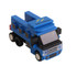 A blue building block truck featuring a transparent windshield and various black details. It has a logo on the side.