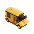 A yellow school bus building block set with black wheels and a prominent logo on top.
