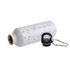 A drink bottle in white, featuring a star pattern, with a black lid and carabiner attached.