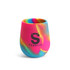A custom egg-shaped silicone cup in vibrant pink, blue, and yellow with a logo on the side.
