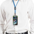 An adjustable blue phone lanyard with a metal buckle, holding a smartphone, worn around a person’s neck.