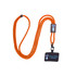 An adjustable orange phone lanyard with a metal buckle and a black holder for an ID or phone.