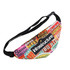 A multi-coloured bum bag with various food-themed graphics and a logo on the front. Features an adjustable strap.