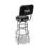 A black bar stool with a backrest and chrome legs, featuring a logo on the seat and back.