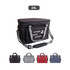 A black cooler bag with a shoulder strap and various colours displayed at the bottom, featuring a logo.