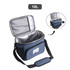 A cooler bag in blue with a silver interior and an adjustable strap, featuring a logo on the front.