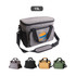 A grey cooler bag with a shoulder strap and four colour options displayed below. Features a logo on the front.
