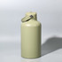 A drink bottle in olive green with a screw-top lid and a carrying strap, featuring a logo.