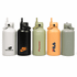 A drink bottle set featuring five containers in white, black, green, orange, and grey, each with a logo and lid.