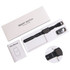 A black square smart band in a white box with a user manual and charging cable. The box features a branding logo.