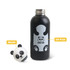 A drink bottle featuring a black body with a panda design and a detachable panda head cap. It includes a logo.