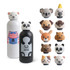 A drink bottle in white and pink with a bear design, and a black bottle with a panda design, featuring various animal heads.