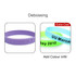 Two silicone wristbands: one purple with debossed text, and one green with text, both featuring a colour fill option.