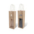 A jute wine carrier in natural beige with a transparent window and white rope handles. Features branding on one side.