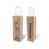 A jute wine carrier in natural colour featuring a clear window and two handles, with a logo on one side.
