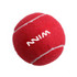 A red tennis ball with white stripes and a logo on its surface.