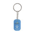 A blue custom shape acrylic keyring with a silver keychain and a logo.