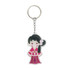 A pink acrylic keyring featuring a cartoon character dressed in traditional attire, attached to a metal ring.