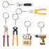 A collection of custom shape acrylic keyrings featuring tools like a wrench, pliers, and a drill, in various colours.